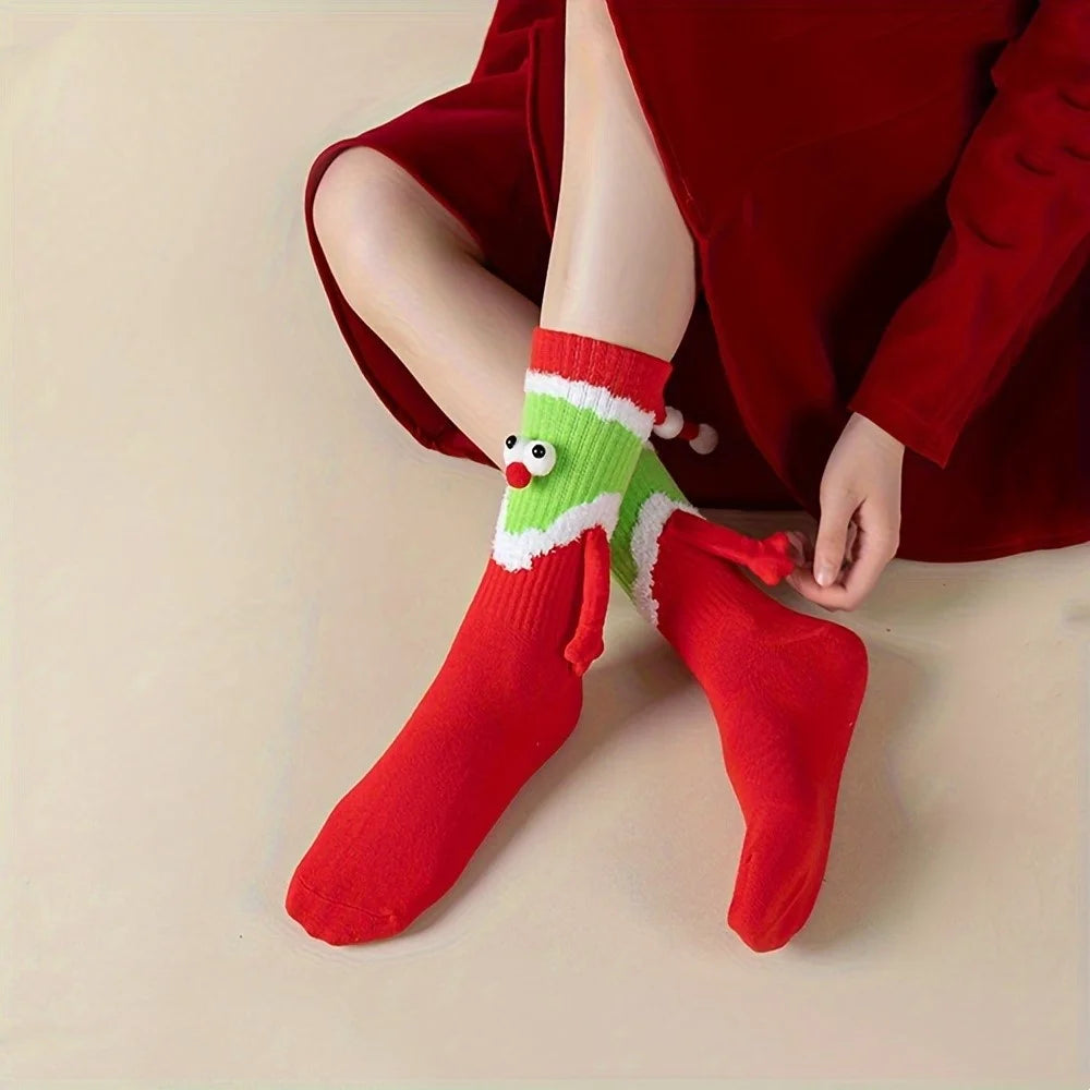 Christmas Elf Pattern Socks Fun Cute Hand-Holding Mid-Calf Socks Comfortable Breathable - 4