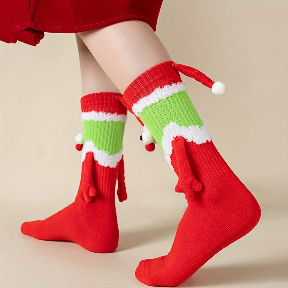 Christmas Elf Pattern Socks Fun Cute Hand-Holding Mid-Calf Socks Comfortable Breathable - 5