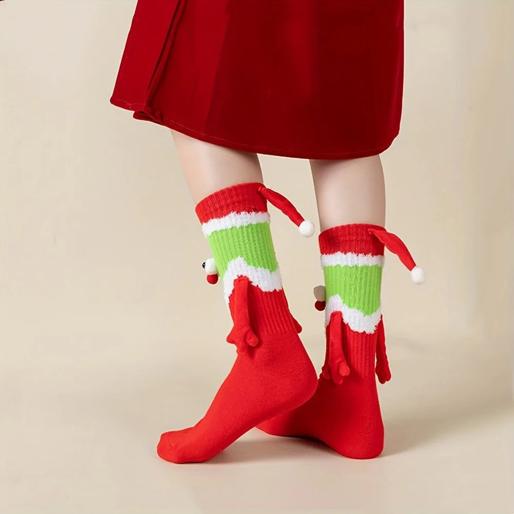 Christmas Elf Pattern Socks Fun Cute Hand-Holding Mid-Calf Socks Comfortable Breathable - 6