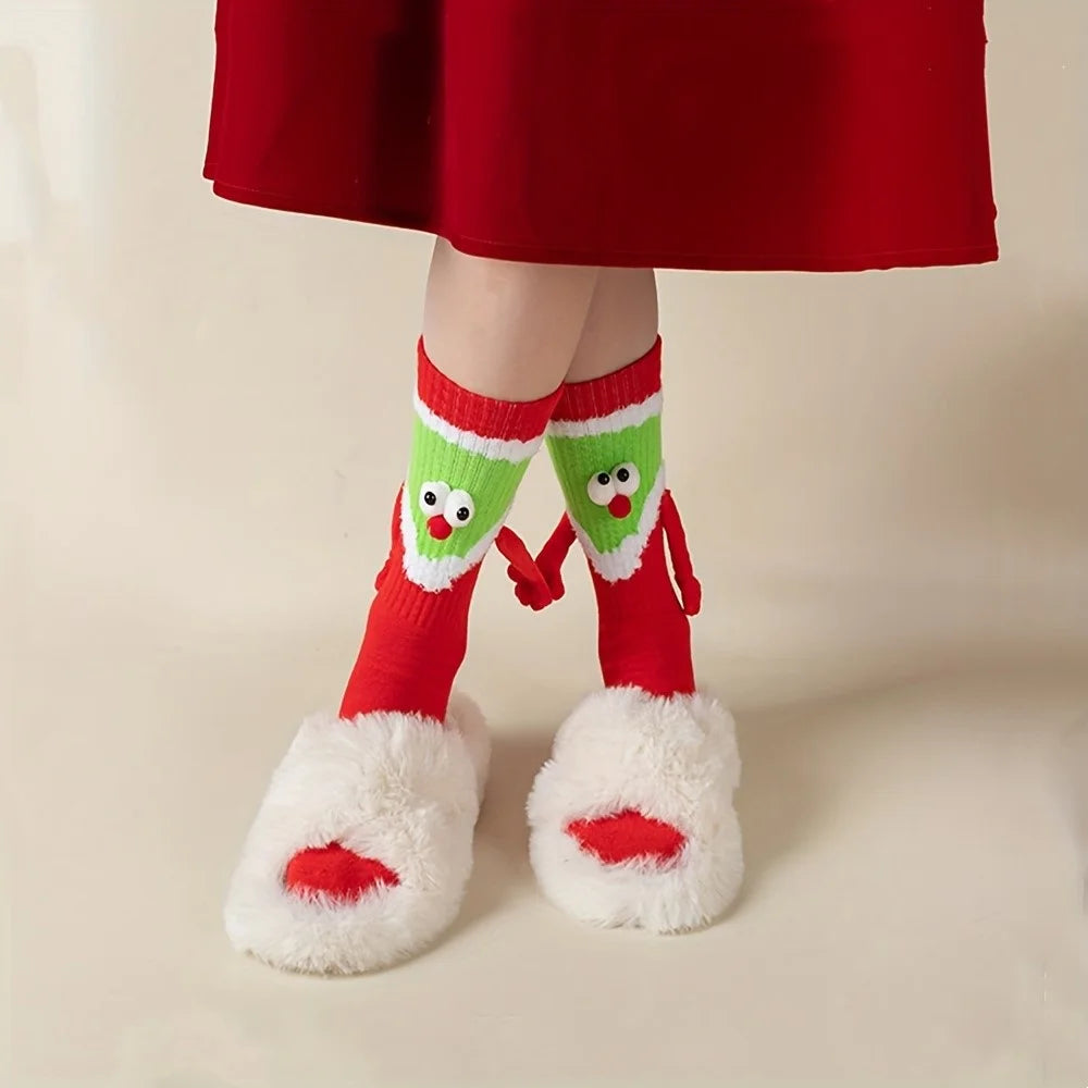 Christmas Elf Pattern Socks Fun Cute Hand-Holding Mid-Calf Socks Comfortable Breathable - 7