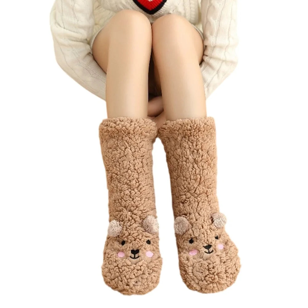 Cute Bear Fleece-Lined Sleeping Socks Cartoon Design Winter Thick Warm Floor Socks - Brown - 1