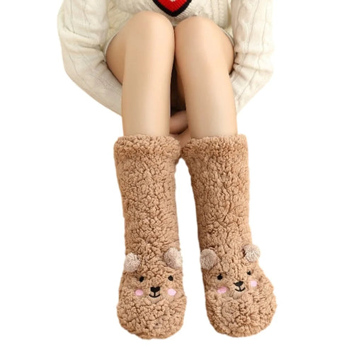 Cute Bear Fleece-Lined Sleeping Socks Cartoon Design Winter Thick Warm Floor Socks - Brown - 1