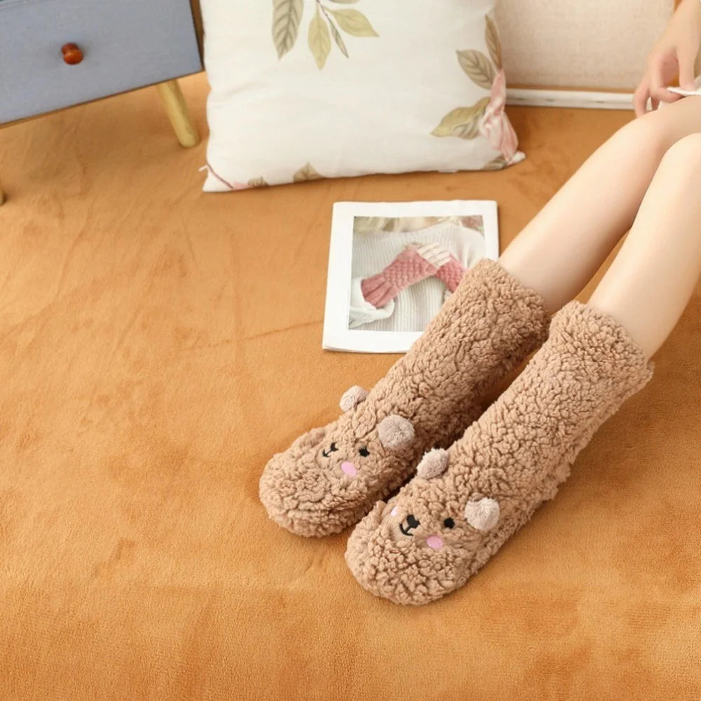 Cute Bear Fleece-Lined Sleeping Socks Cartoon Design Winter Thick Warm Floor Socks - Brown - 4