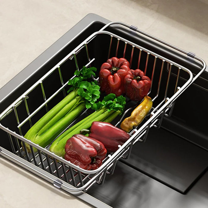 Kitchen Sink Drainer Basket Stainless Steel 30.5-42.5cm Adjustable Dish Drying Rack Organizer - 3