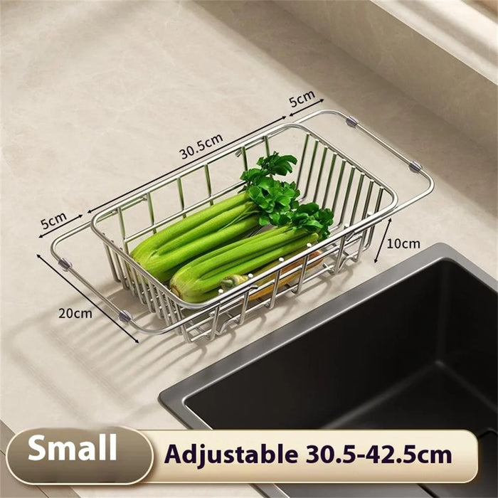 Kitchen Sink Drainer Basket Stainless Steel 30.5-42.5cm Adjustable Dish Drying Rack Organizer - 7