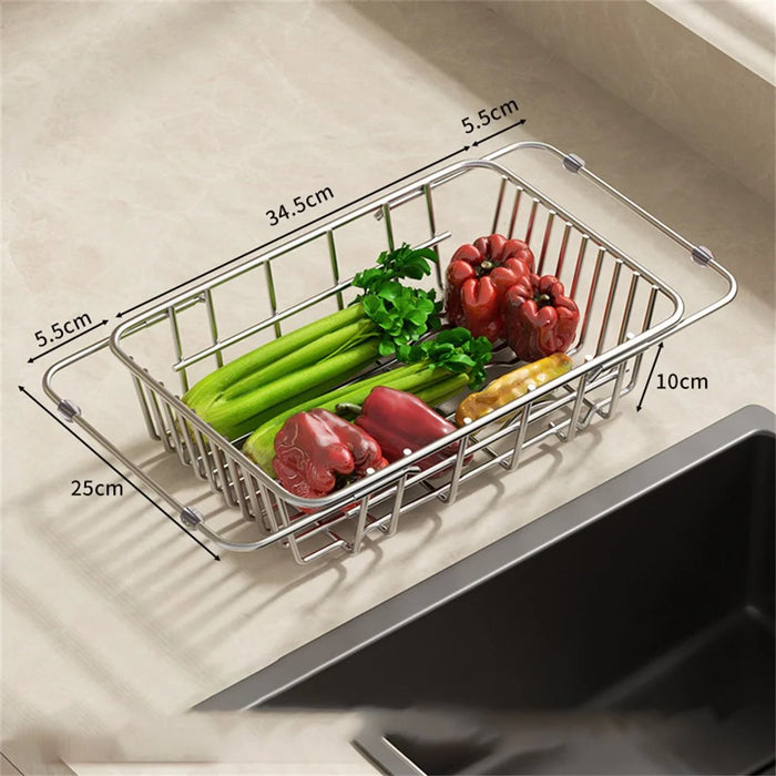 Kitchen Sink Drainer Basket Stainless Steel 34.5-45.5cm Adjustable Dish Drying Rack Organizer - 7