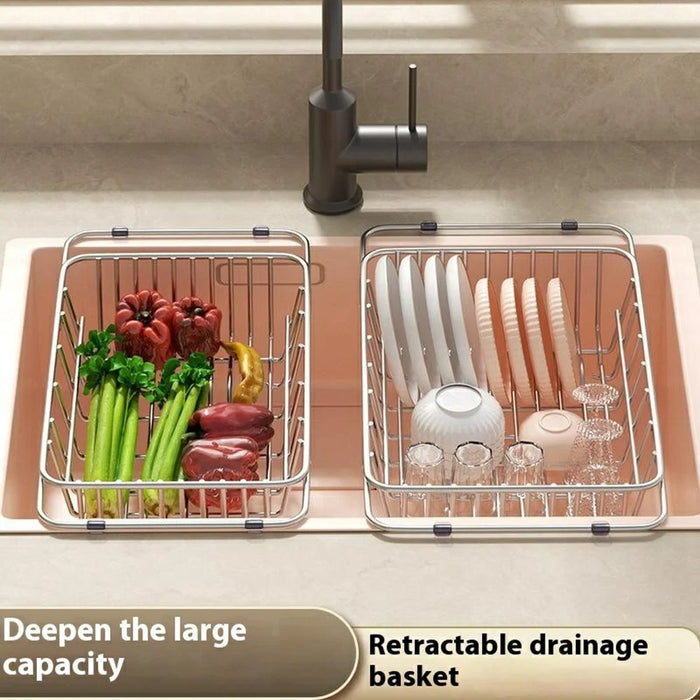 Kitchen Sink Drainer Basket Stainless Steel 38.5-55.5cm Adjustable Dish Drying Rack Organizer - 2