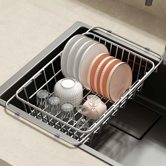 Kitchen Sink Drainer Basket Stainless Steel 38.5-55.5cm Adjustable Dish Drying Rack Organizer - 5