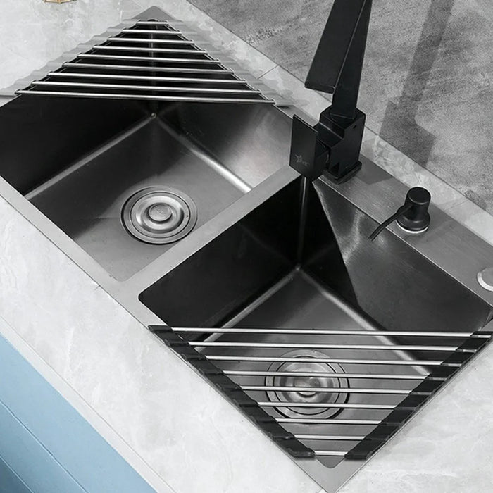 Foldable Stainless Steel Dish Drying Rack Sink Roll-Up Drainer Mat Multi-Function Kitchen Draining Basket - Grey - 3