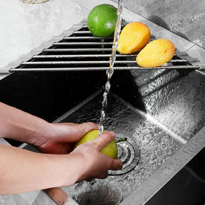 Foldable Stainless Steel Dish Drying Rack Sink Roll-Up Drainer Mat Multi-Function Kitchen Draining Basket - Grey - 5