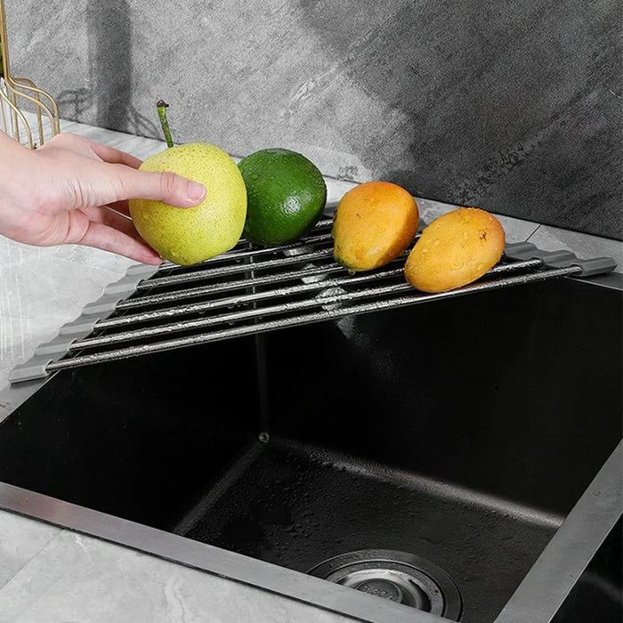 Foldable Stainless Steel Dish Drying Rack Sink Roll-Up Drainer Mat Multi-Function Kitchen Draining Basket - Grey - 6
