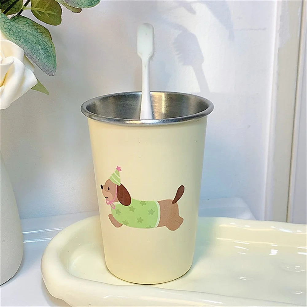 Minimalist Cartoon Design Stainless Steel Mouthwash Cup Toothbrush Holder For Home Bathroom - Beige - 1