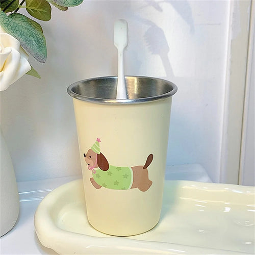 Minimalist Cartoon Design Stainless Steel Mouthwash Cup Toothbrush Holder For Home Bathroom - Beige - 1