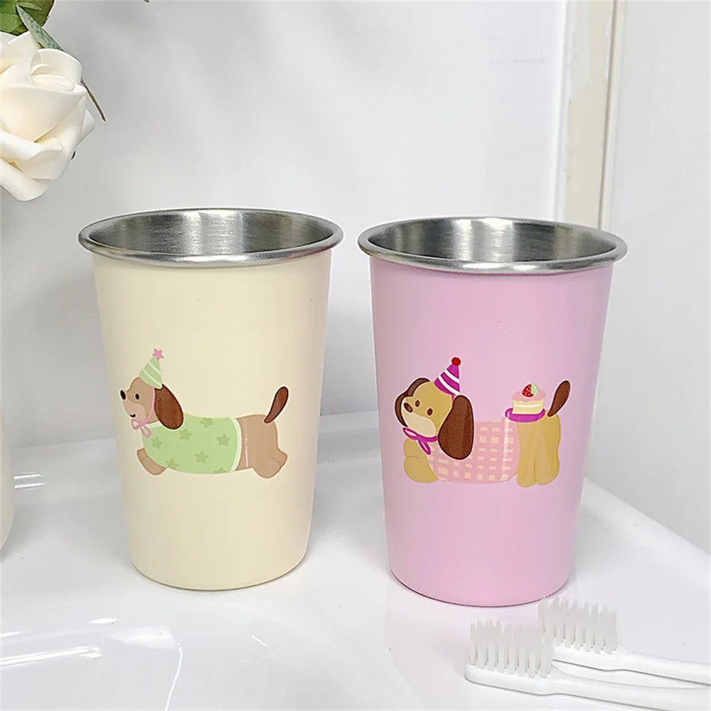Minimalist Cartoon Design Stainless Steel Mouthwash Cup Toothbrush Holder For Home Bathroom - Beige - 2