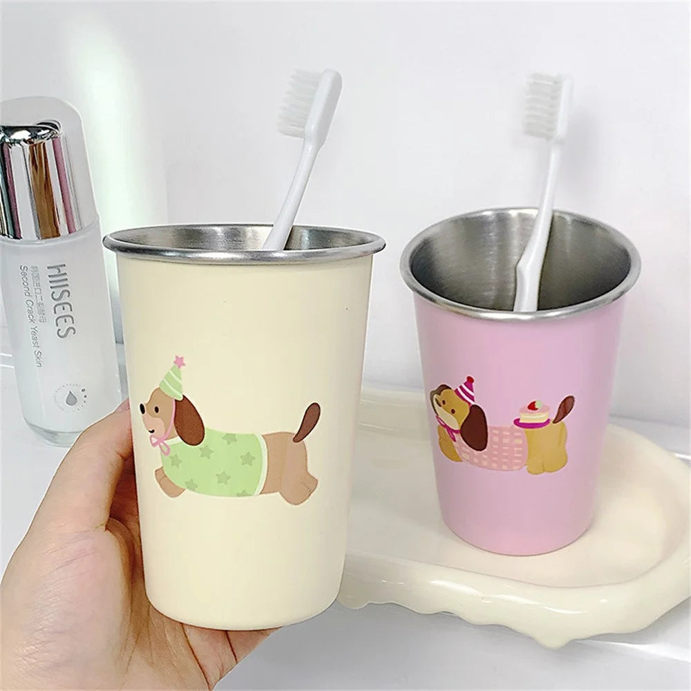 Minimalist Cartoon Design Stainless Steel Mouthwash Cup Toothbrush Holder For Home Bathroom - Beige - 4