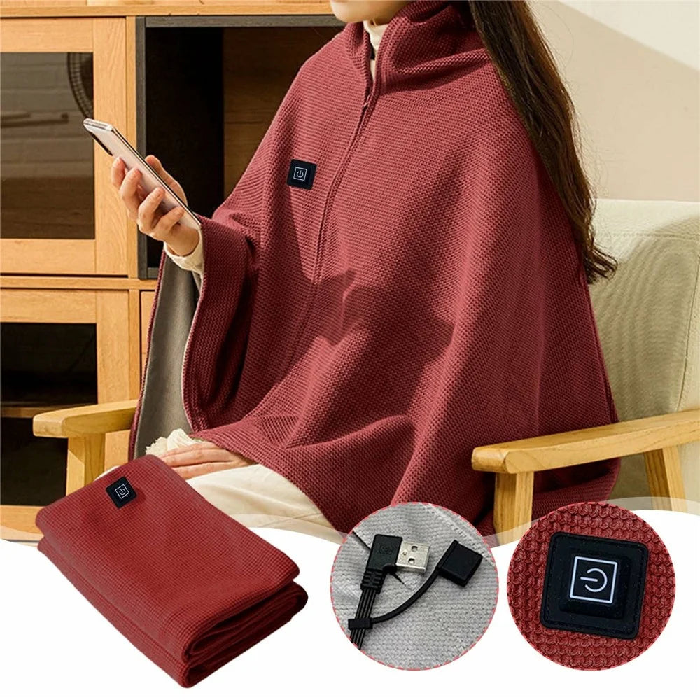 150 x 80cm USB Heated Zipper Poncho for Single Person Heating Shawl Home Office Nap Electirc Warming Blanket - Red - 3