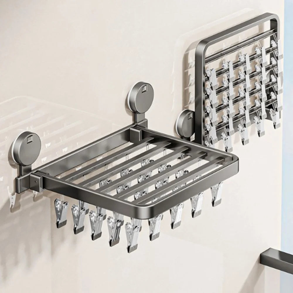Folding Suction Cup Sock Drying Rack with 30 Clips Laundry Hanger for Socks / Underwear / Towels - Grey - 3