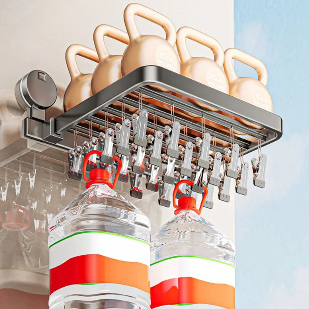 Folding Suction Cup Sock Drying Rack with 30 Clips Laundry Hanger for Socks / Underwear / Towels - Grey - 4