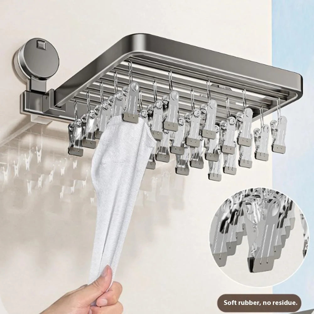 Folding Suction Cup Sock Drying Rack with 30 Clips Laundry Hanger for Socks / Underwear / Towels - Grey - 6