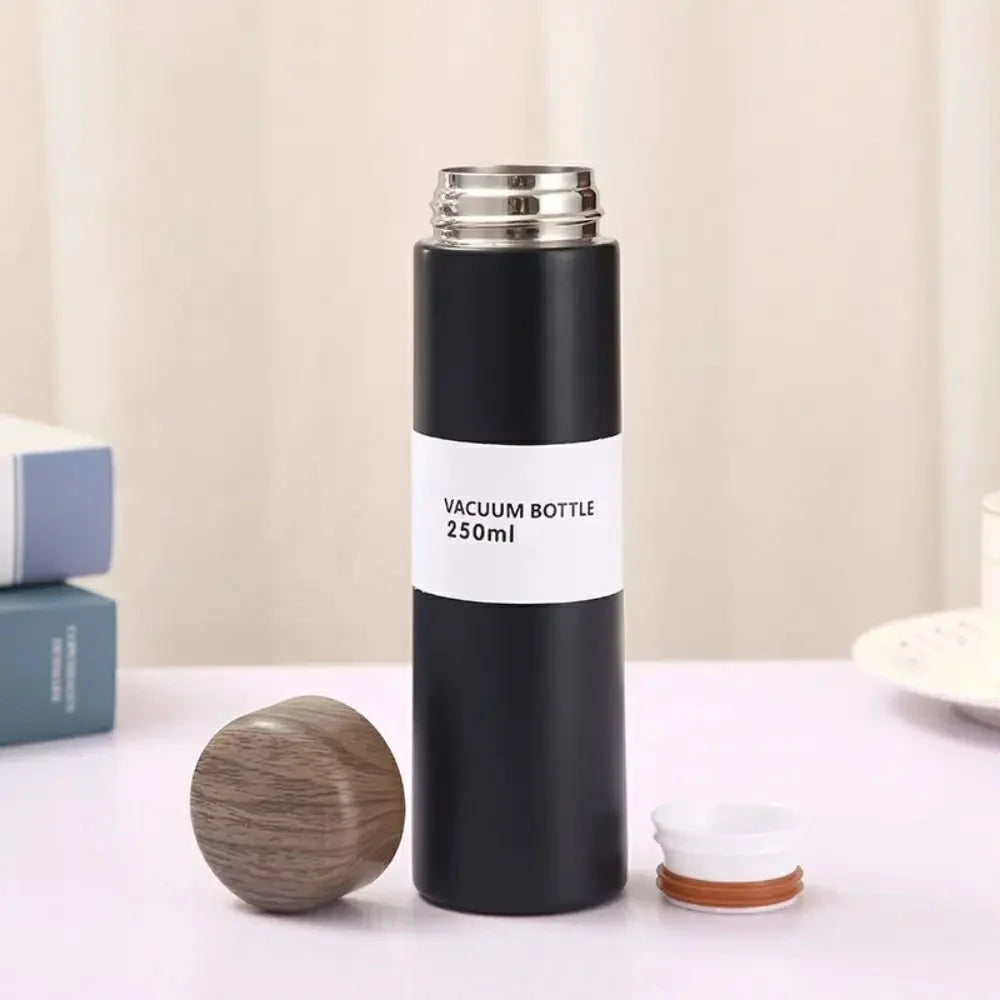 250ml Wood Grain Lid Vacuum Kettle Portable Stainless Steel Travel Water Bottle with Tea Strainer (BPA Free, No FDA) - Black - 2