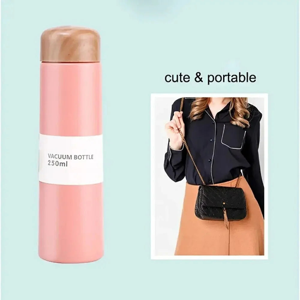 250ml Wood Grain Lid Vacuum Kettle Portable Stainless Steel Travel Water Bottle with Tea Strainer (BPA Free, No FDA) - Black - 3