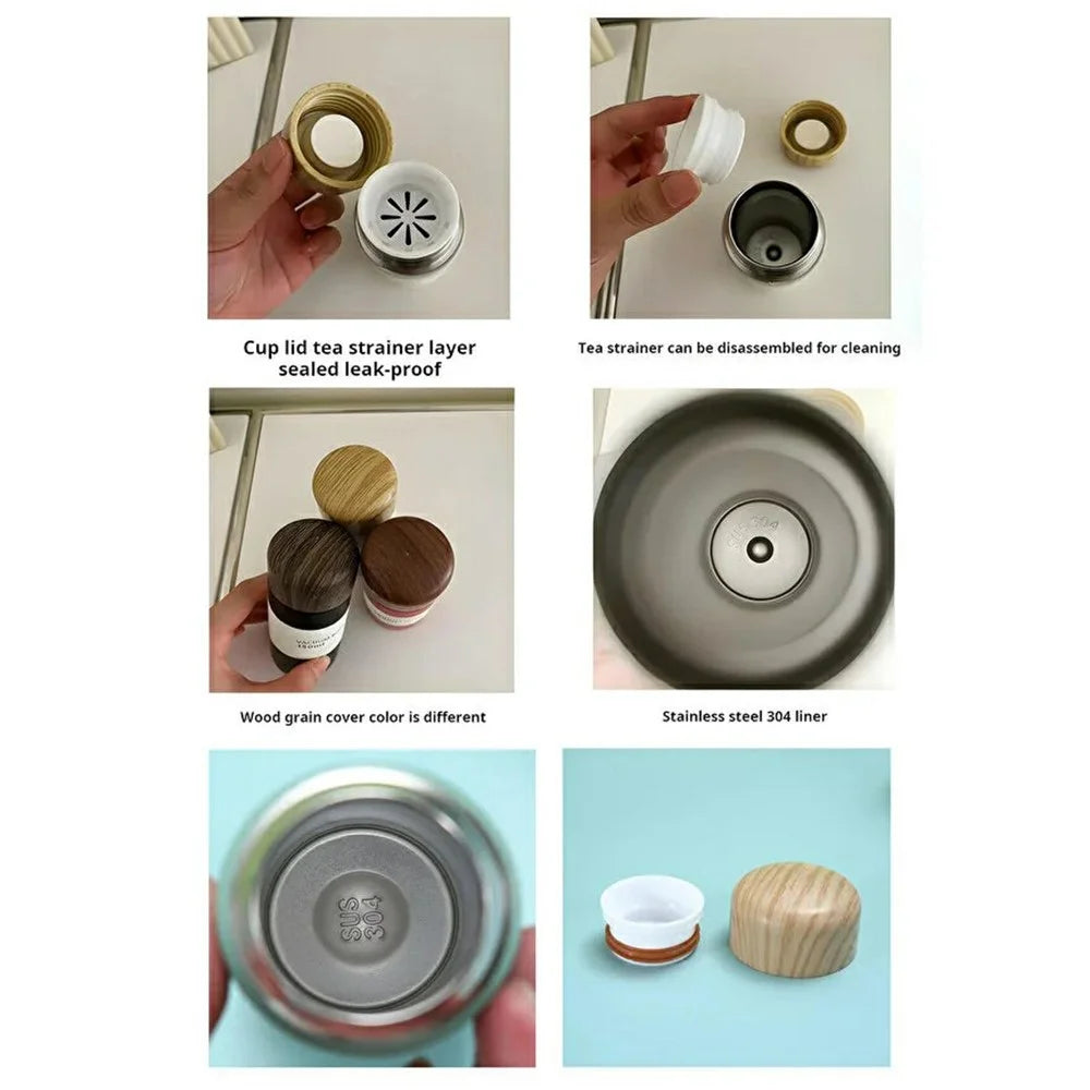 250ml Wood Grain Lid Vacuum Kettle Portable Stainless Steel Travel Water Bottle with Tea Strainer (BPA Free, No FDA) - Black - 4
