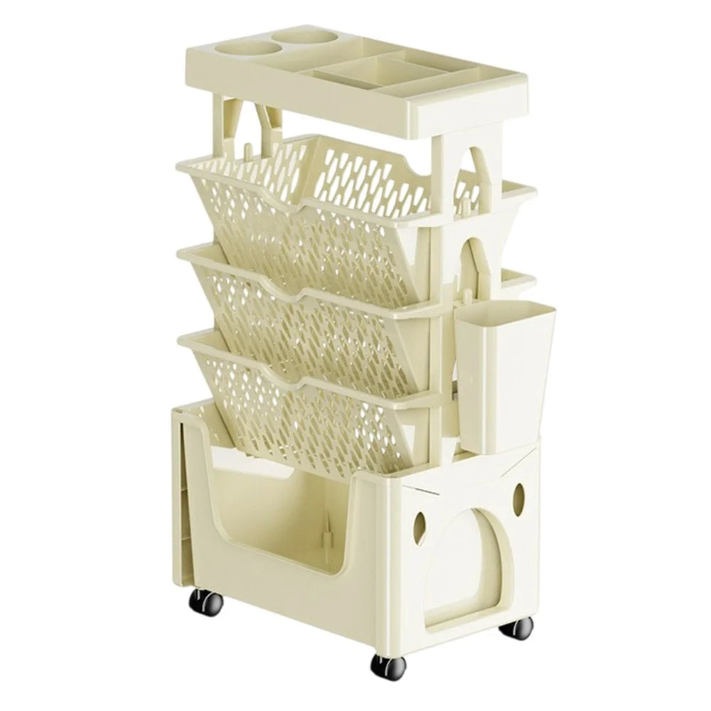 Multi-Tier Rolling Storage Cart Plastic Bookcase Mobile Sundries Organizer Shelf with Wheels - Khaki - 1