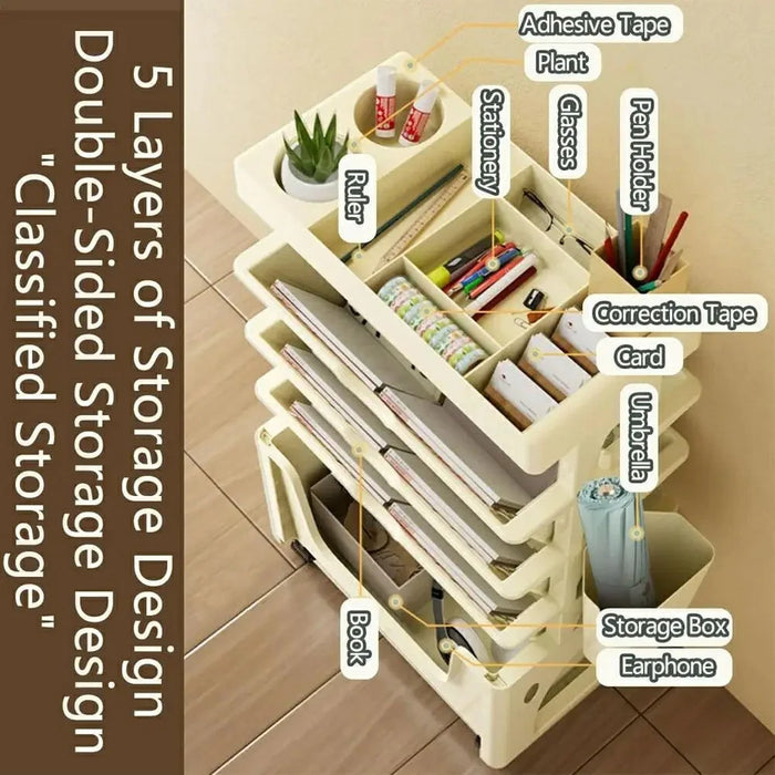 Multi-Tier Rolling Storage Cart Plastic Bookcase Mobile Sundries Organizer Shelf with Wheels - Khaki - 2