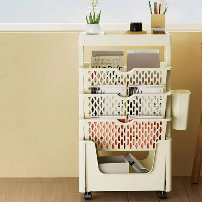 Multi-Tier Rolling Storage Cart Plastic Bookcase Mobile Sundries Organizer Shelf with Wheels - Khaki - 3