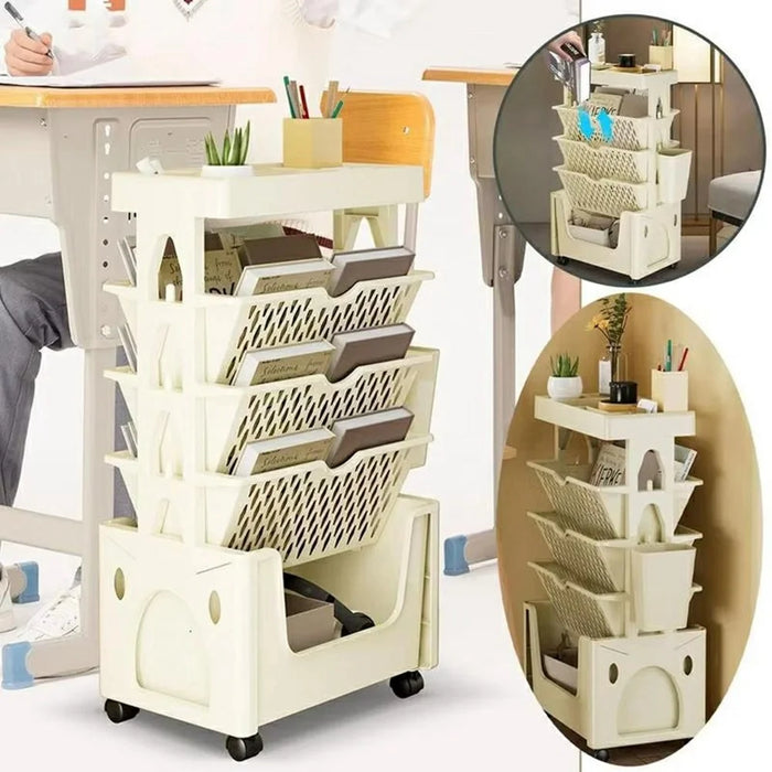 Multi-Tier Rolling Storage Cart Plastic Bookcase Mobile Sundries Organizer Shelf with Wheels - Khaki - 4