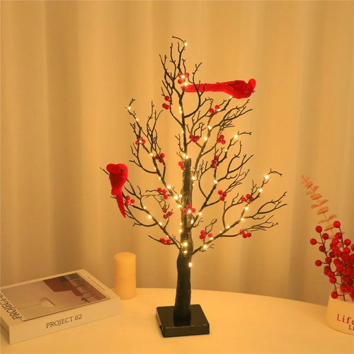 Vintage Glowing Tree with Cardinals Battery Operated Artificial Birch Lamp with Red Berry Table Decoration - 1