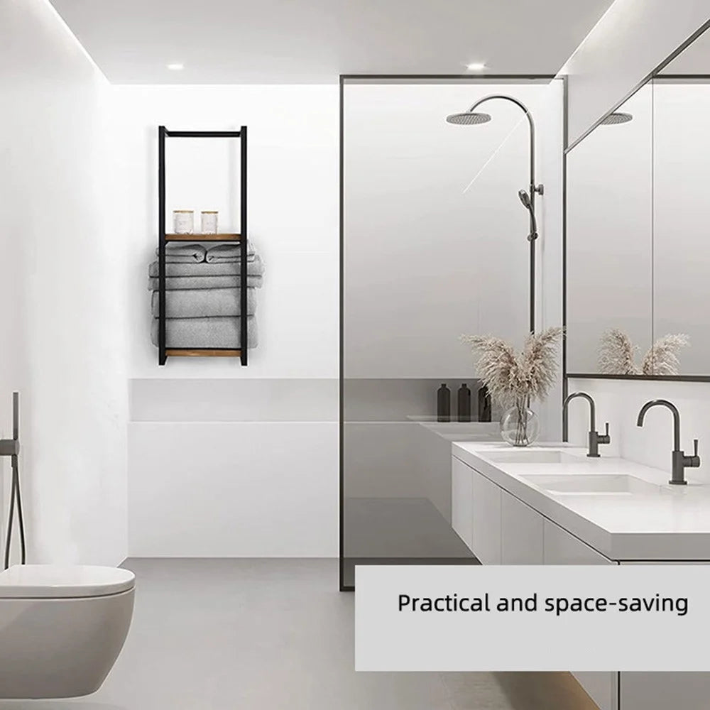 2 Tiers Bathroom Towel Rack Wall Mounted Metal Towel Holder Storage Organizer, 28.5 x 14 x 77cm - 2