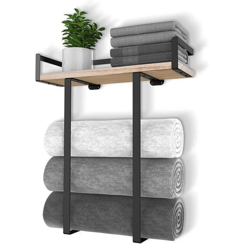 Space Saving Bathroom Metal Towel Rack Wall Mounted Towel Roll Storage Shelf with Wooden Board - Wood Color - 1