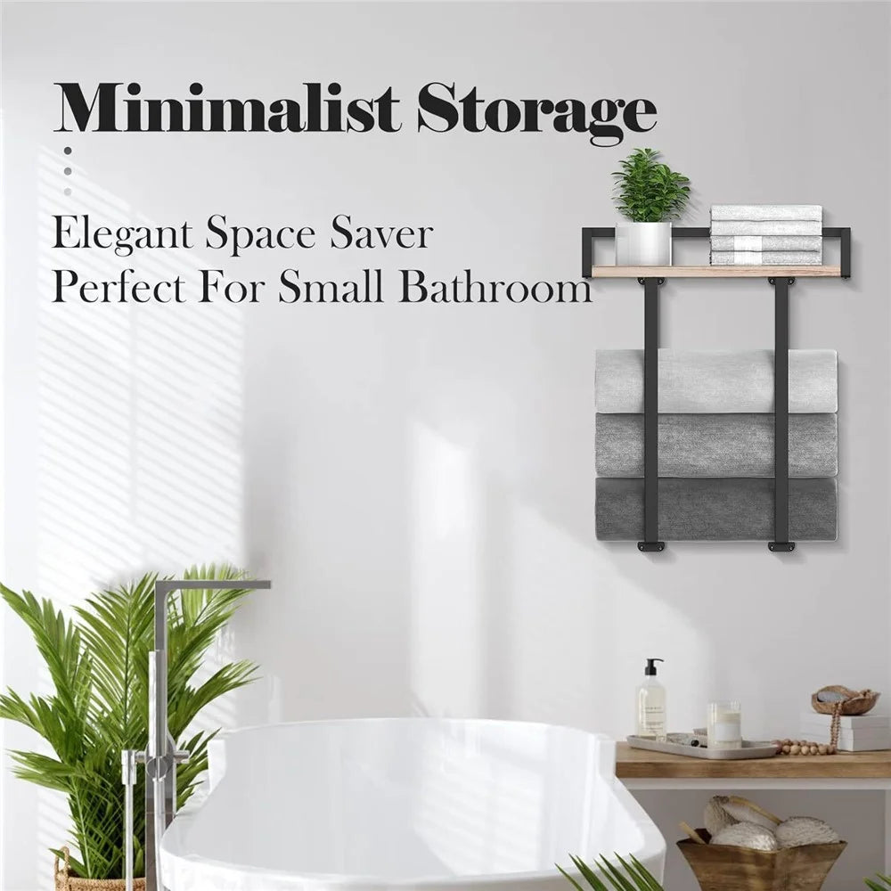 Space Saving Bathroom Metal Towel Rack Wall Mounted Towel Roll Storage Shelf with Wooden Board - Wood Color - 2