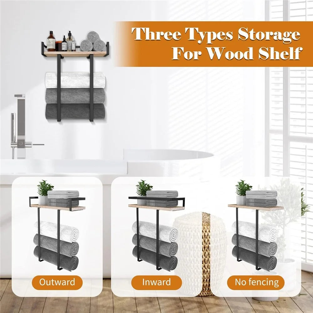Space Saving Bathroom Metal Towel Rack Wall Mounted Towel Roll Storage Shelf with Wooden Board - Wood Color - 3