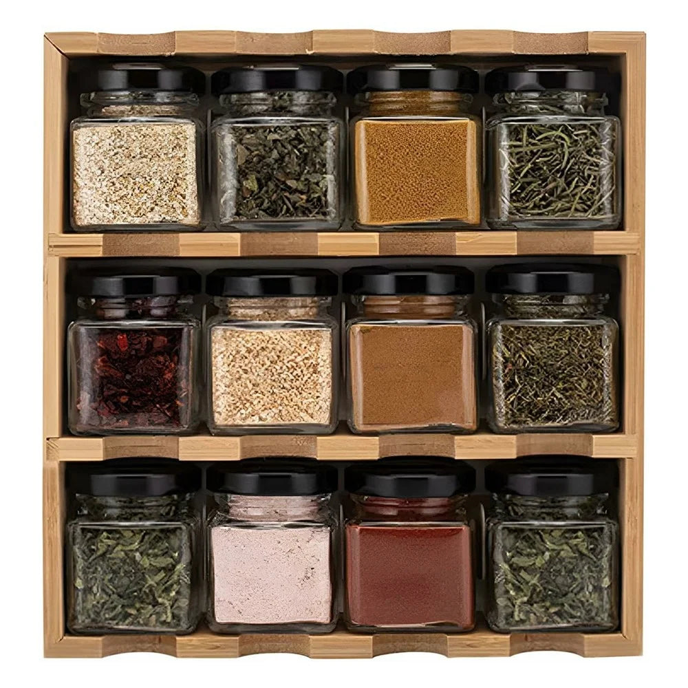 Bamboo Wood 12 Compartment Spice Rack Organizer For Kitchen Multi-Tier Storage Shelf With Jars - 1