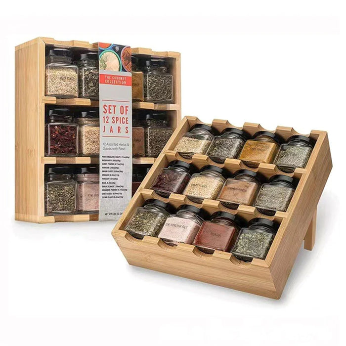 Bamboo Wood 12 Compartment Spice Rack Organizer For Kitchen Multi-Tier Storage Shelf With Jars - 2