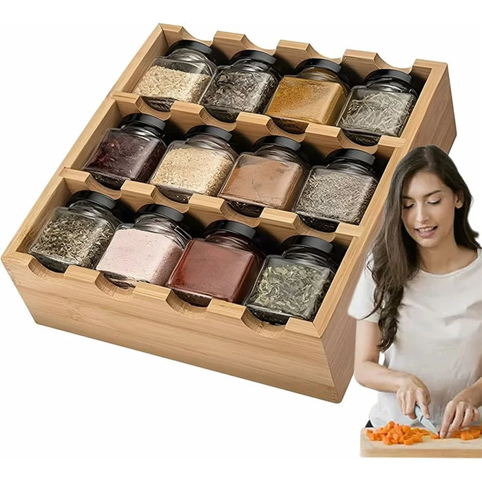 Bamboo Wood 12 Compartment Spice Rack Organizer For Kitchen Multi-Tier Storage Shelf With Jars - 3