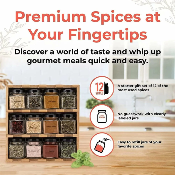 Bamboo Wood 12 Compartment Spice Rack Organizer For Kitchen Multi-Tier Storage Shelf With Jars - 5