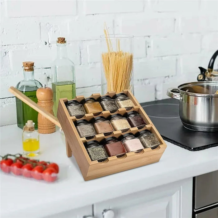 Bamboo Wood 12 Compartment Spice Rack Organizer For Kitchen Multi-Tier Storage Shelf With Jars - 6