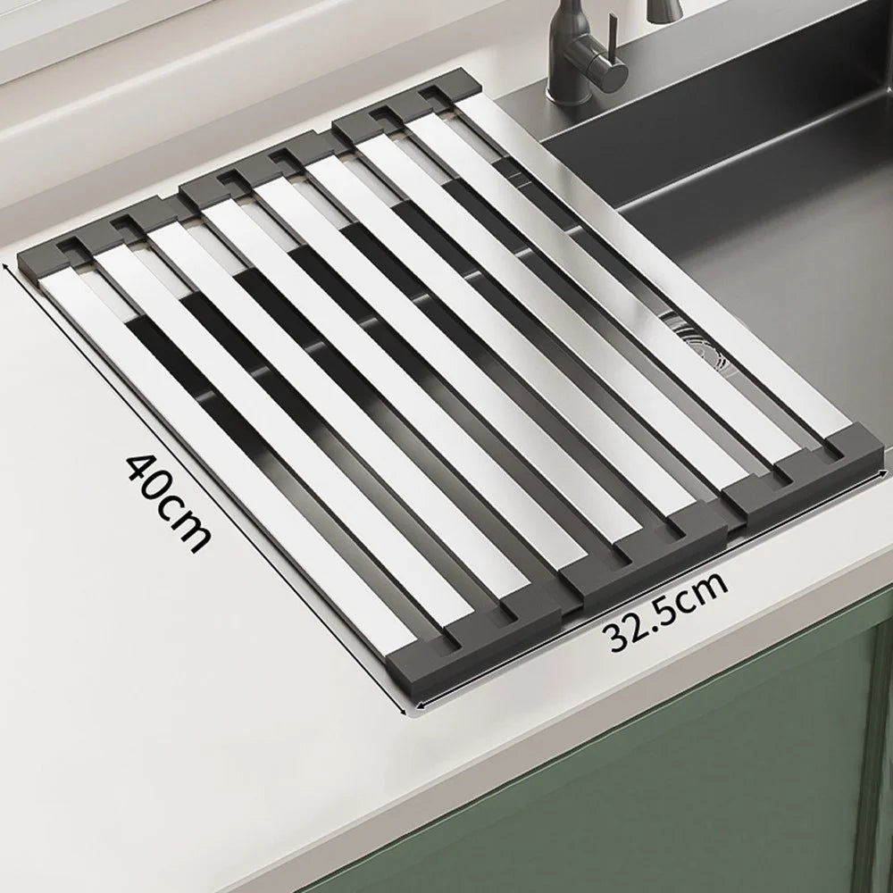 Foldable Expandable Over Sink Dish Drying Rack 304 Stainless Steel Kitchen Organizer 40 x 32.5cm - 1
