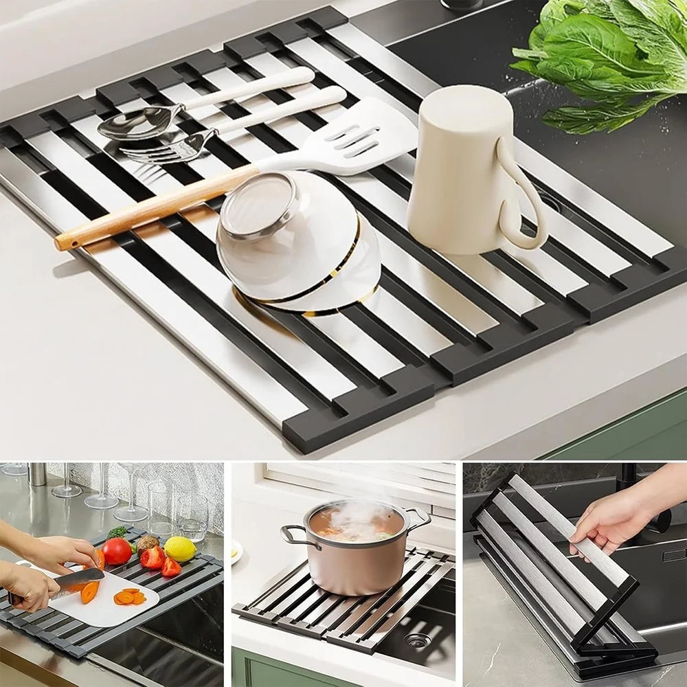 Foldable Extendable Over Sink Dish Drying Rack 304 Stainless Steel Kitchen Organizer Storage Shelf 45 x 32.5cm - 7