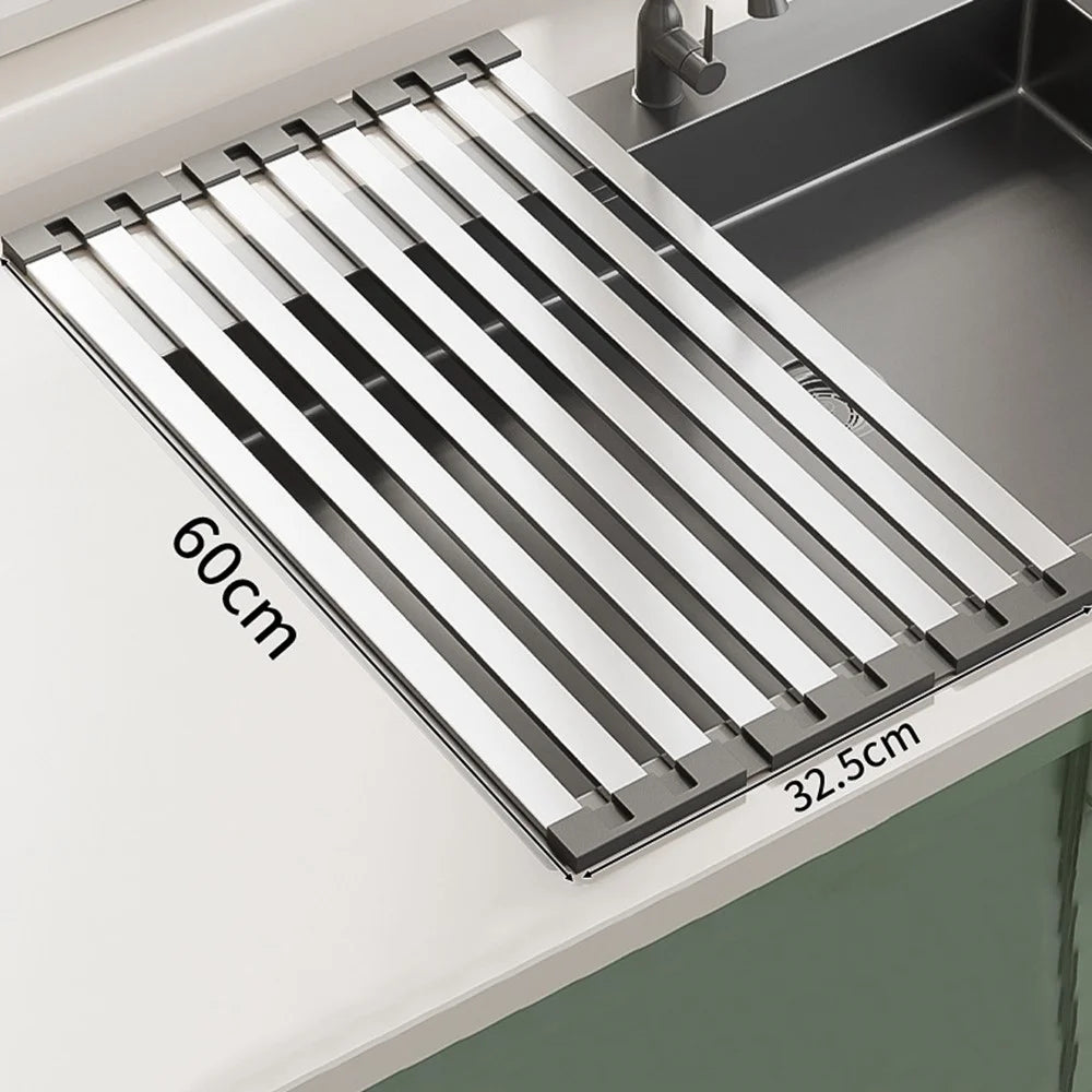 Foldable Extendable Over Sink Dish Drying Rack 304 Stainless Steel Kitchen Organizer Storage Shelf 60 x 32.5cm - 1