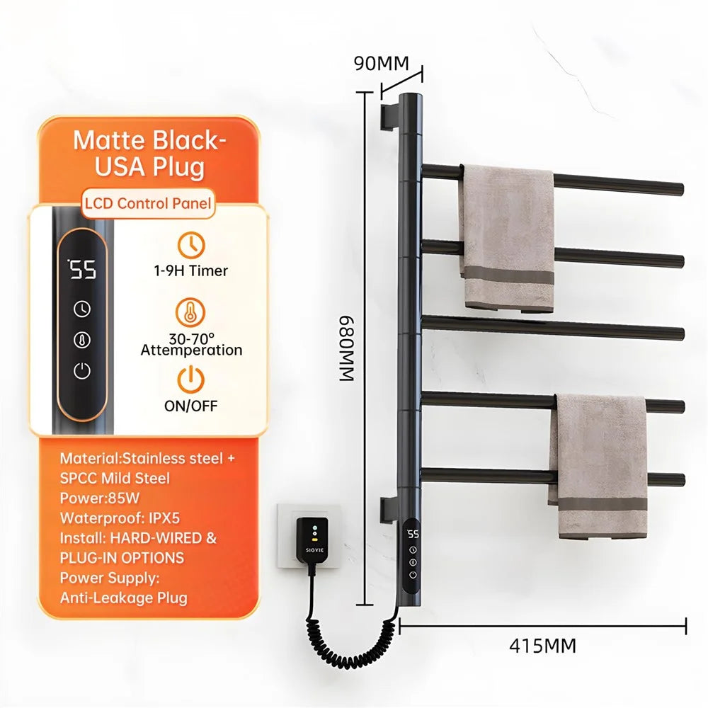 G63 Rotatable Electric Towel Rack for Bathroom Kitchen Smart Temperature Control Heating Drying Storage Rack (EU Plug) - Black - 5