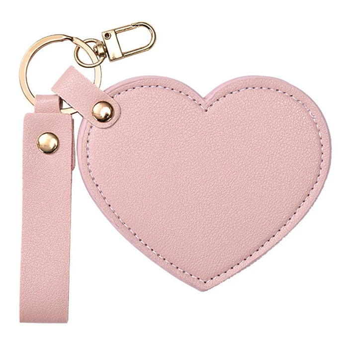 Heart Shape Pocket Mirror with Keychain PU Leather Cosmetic Mirror Rotating Mini Makeup Mirror Hanging Ornament - Pink - 1