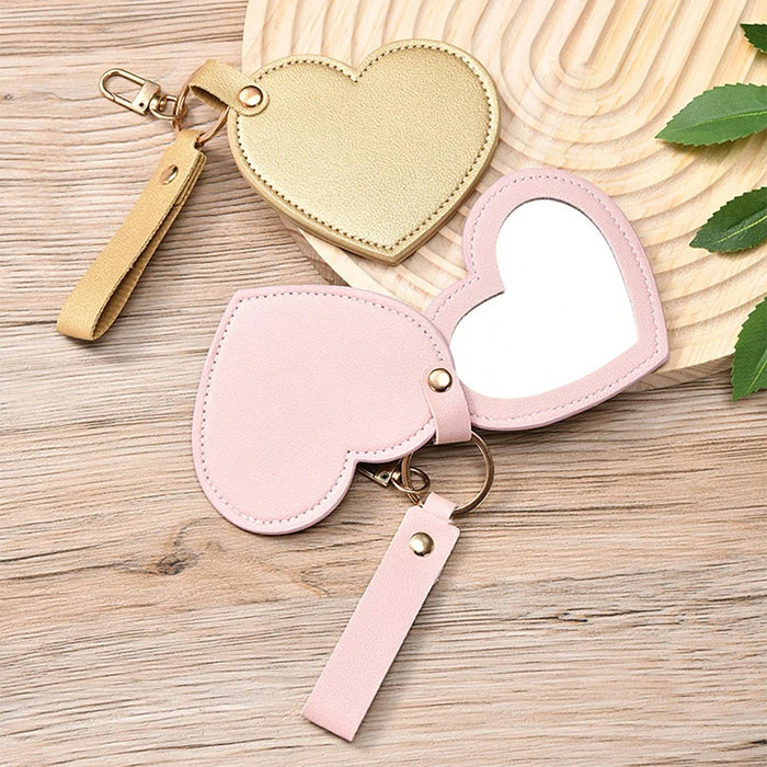 Heart Shape Pocket Mirror with Keychain PU Leather Cosmetic Mirror Rotating Mini Makeup Mirror Hanging Ornament - Pink - 2