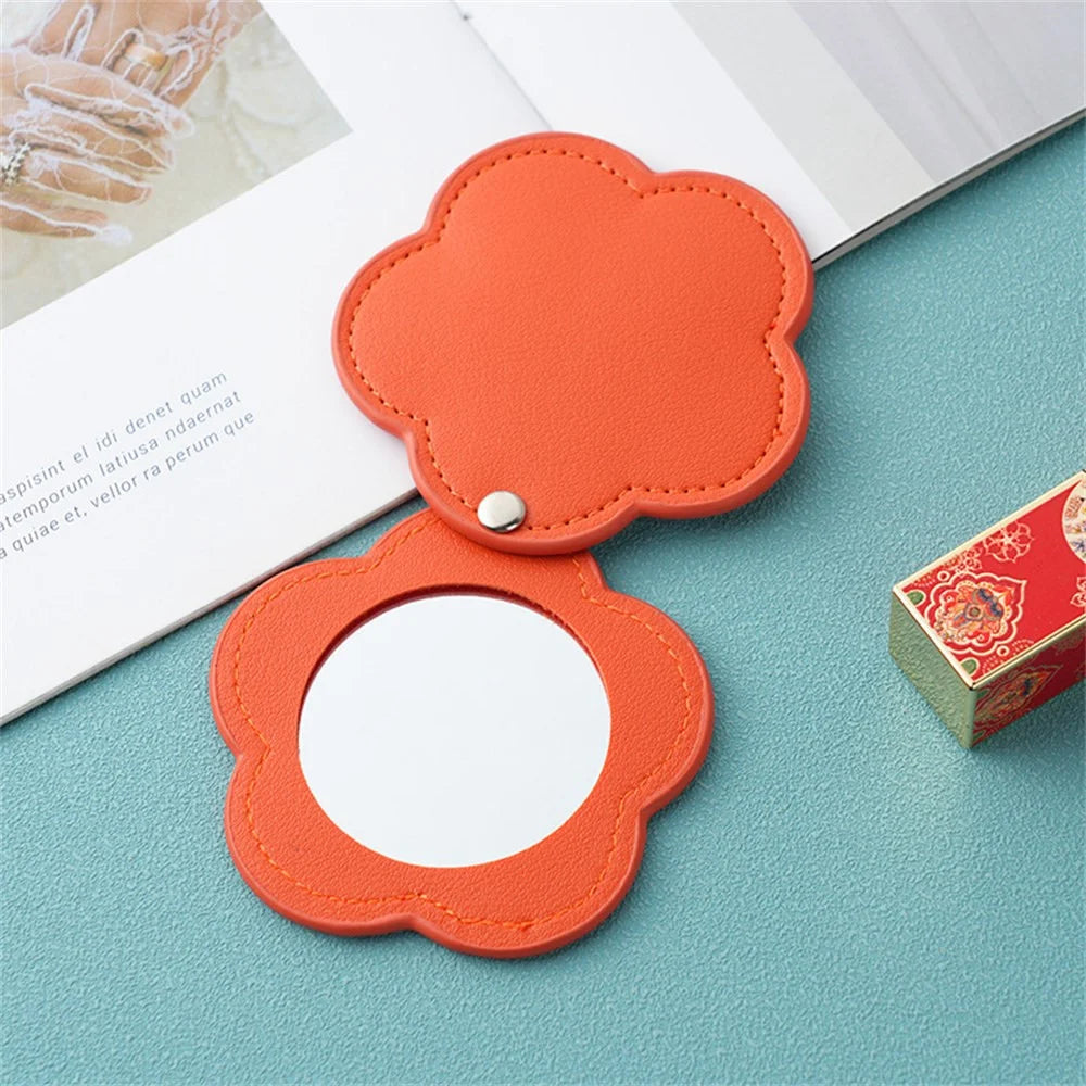 Floral Shape Pocket Mirror Portable PU Leather Cosmetic Mirror Rotating Mini Makeup Mirror - Orange - 2