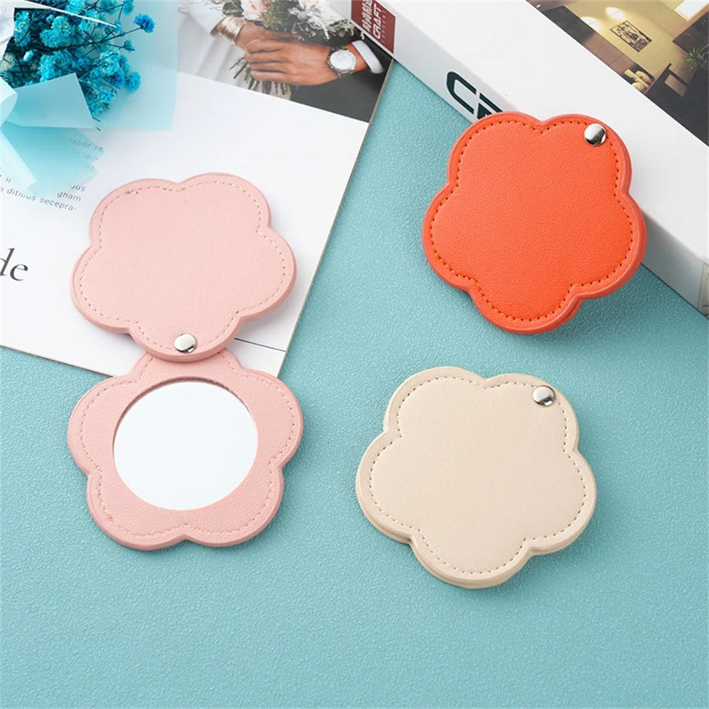 Floral Shape Pocket Mirror Portable PU Leather Cosmetic Mirror Rotating Mini Makeup Mirror - Orange - 5