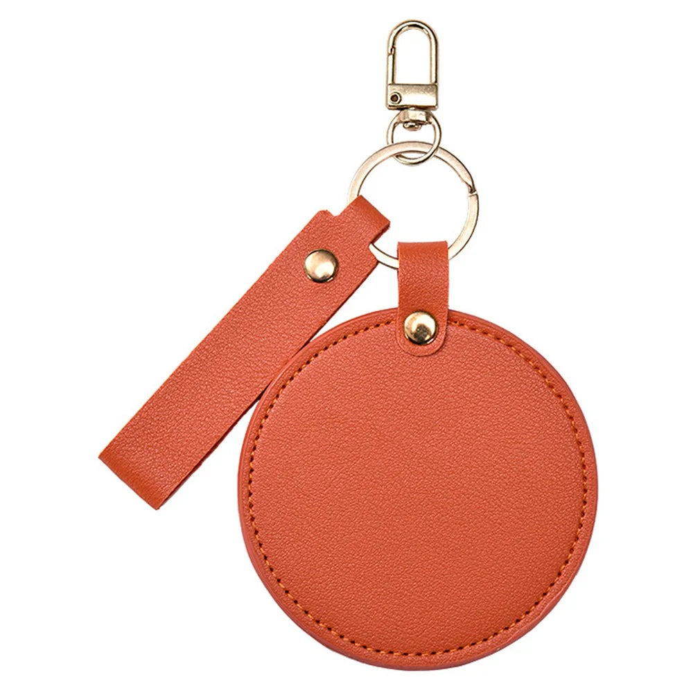 Round Shape Pocket Mirror with Keychain PU Leather Cosmetic Mirror Rotating Mini Makeup Mirror Hanging Ornament - Orange - 1