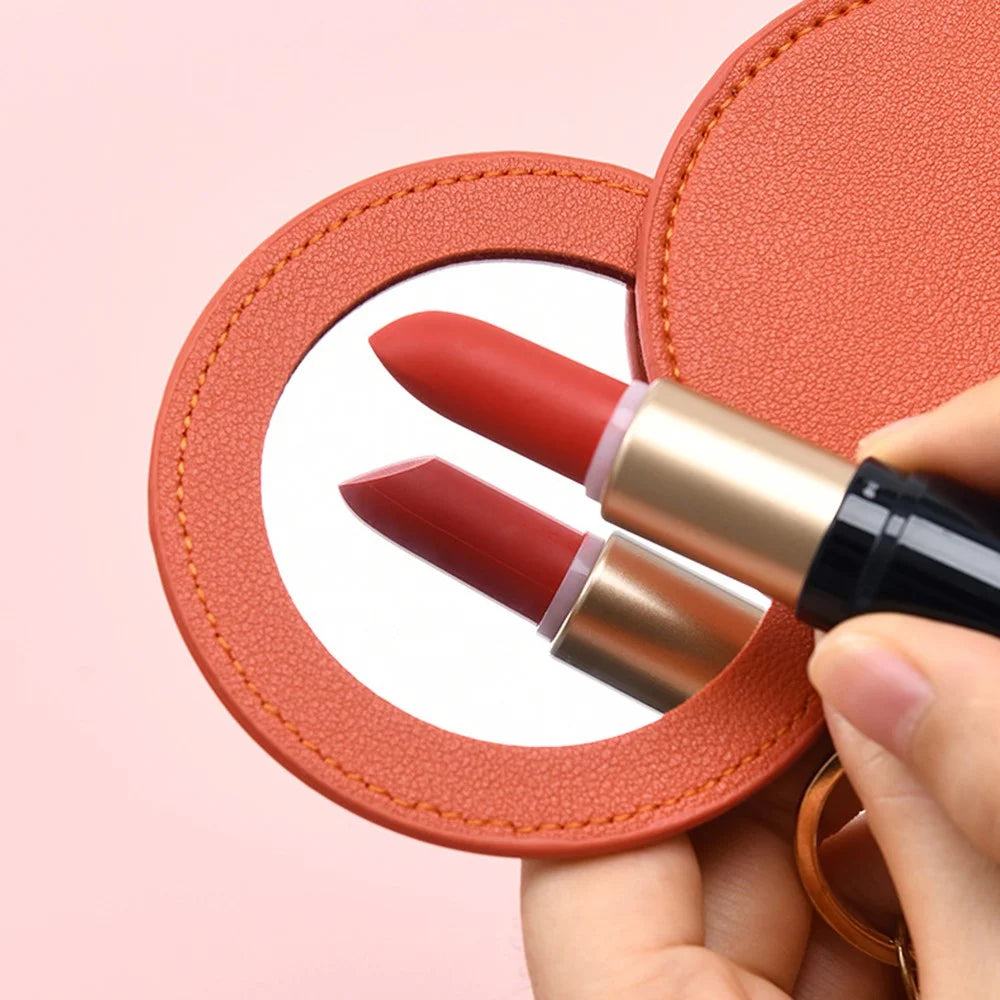 Round Shape Pocket Mirror with Keychain PU Leather Cosmetic Mirror Rotating Mini Makeup Mirror Hanging Ornament - Orange - 2